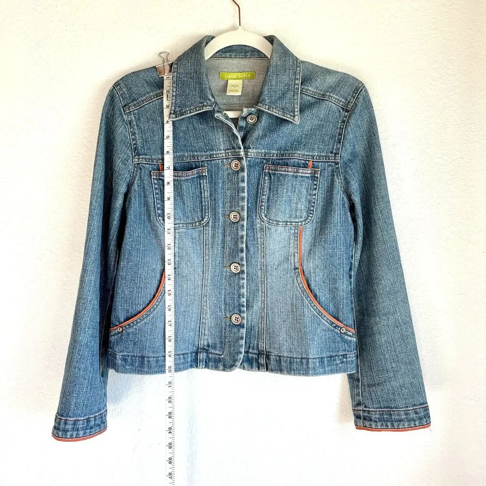 Sigrid Olsen Y2K Crop Denim Jacket Orange Piping Contrast Trim Size 2 Petite - Picture 8 of 10